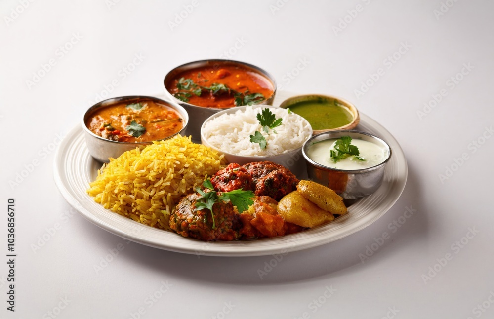 Indian dishes in a white plate, assorted Indian dishes Indian dishes in a white plate, assorted Indian dishes