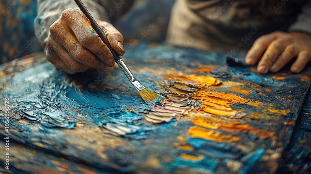 A close up of a painter mixing colors on a palette. This image can be used to illustrate the process of painting, the creation of art, or the importance of color in art. A close up of a painter mixing colors on a palette. This image can be used to illustrate the process of painting, the creation of art, or the importance of color in art.