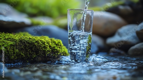 A refreshing glass being filled with crystal-clear water from a natural stream, surrounded by moss and stones in a serene environment.
