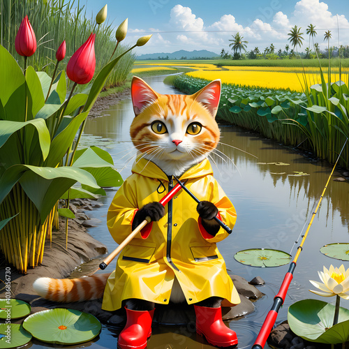 A cute, human-like cat in rain gear sits at the edge of a small river, casting a line into the water. It’s wearing a yellow raincoat and red boots, and the lush riverside is decorated with reeds, cass photo