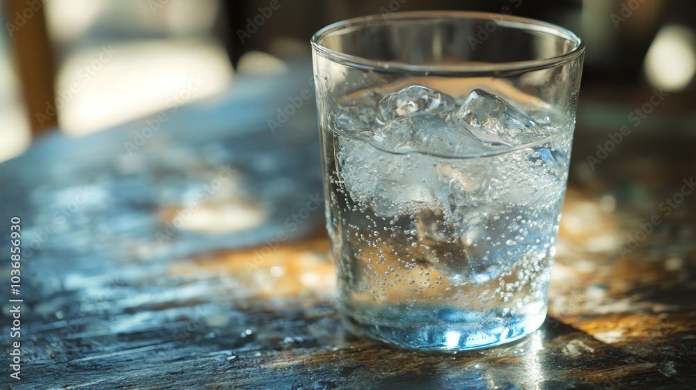 A refreshing glass of sparkling water filled with ice cubes, placed on a rustic wooden surface, capturing a moment of hydration. A refreshing glass of sparkling water filled with ice cubes, placed on a rustic wooden surface, capturing a moment of hydration.