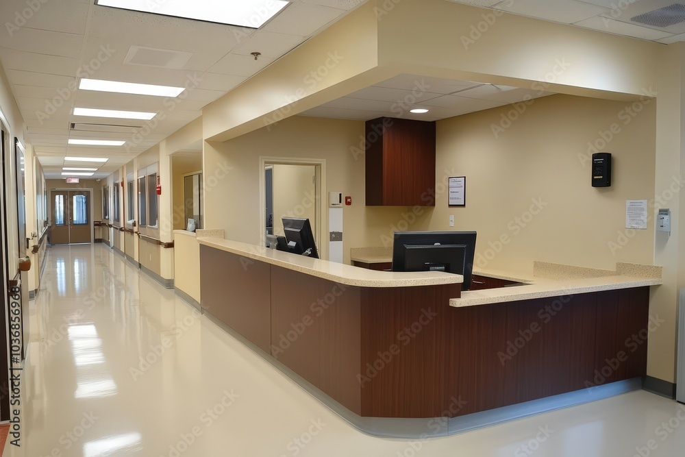A clean and modern reception desk in a hospital hallway. A clean and modern reception desk in a hospital hallway.