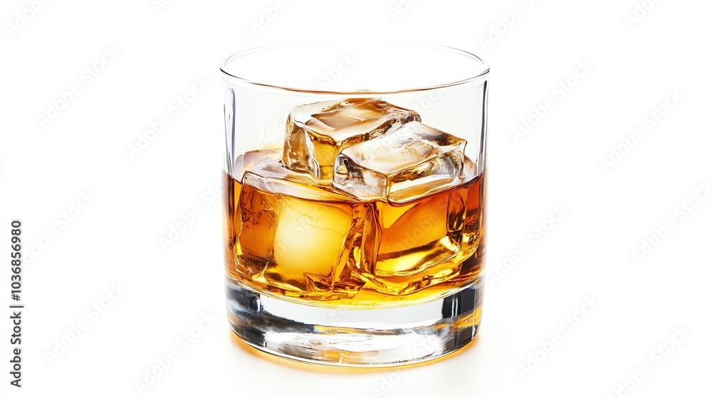 A refreshing glass of whiskey with ice cubes, perfect for a relaxing evening or sophisticated gathering. A refreshing glass of whiskey with ice cubes, perfect for a relaxing evening or sophisticated gathering.