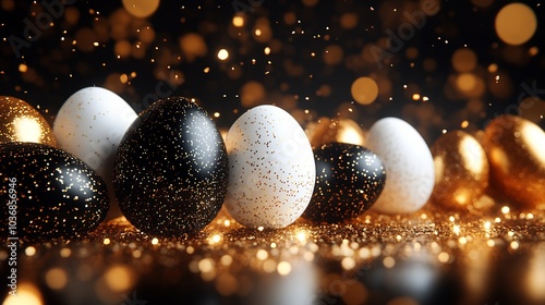 Elegant Easter greeting banner featuring black white eggs immersed in golden liquid with sparkling confetti A 3D design perfect for celebratory messaging with space for text on a premium backdrop photo