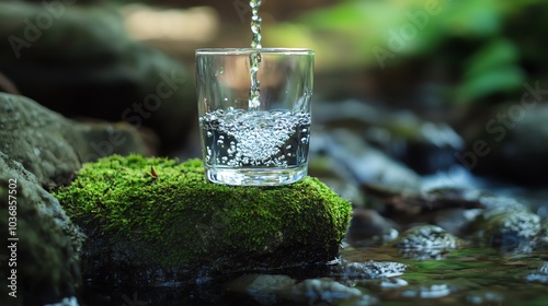 Fresh water flows into a clear glass placed on mossy rock by a serene stream, surrounded by vibrant nature.