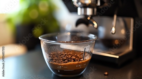 Freshly ground coffee beans blend with water in a glass bowl, ready for brewing with an espresso machine. photo