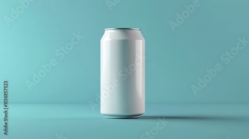 Isolated white aluminum can on a turquoise background, perfect for beverage mockups and product presentations.