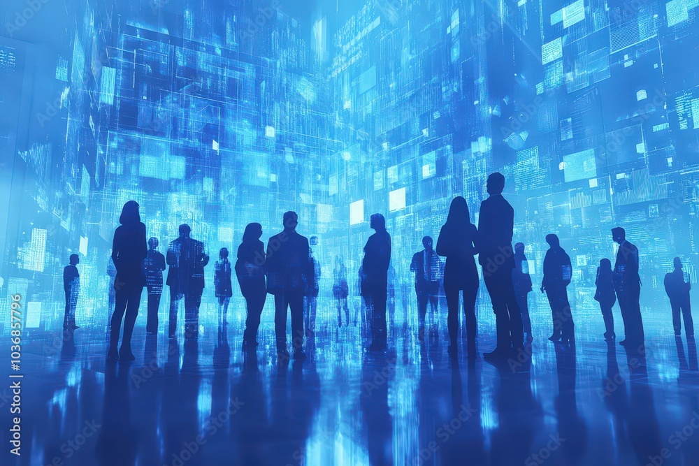 Silhouettes of people stand in a futuristic, digital space. Silhouettes of people stand in a futuristic, digital space.