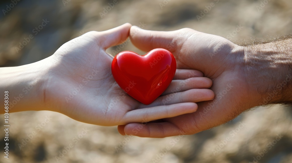 Woman presenting a heart in a loving gesture on a man s hand, symbolizing deep emotional connection Woman presenting a heart in a loving gesture on a man s hand, symbolizing deep emotional connection