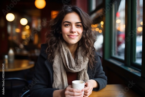 Beautiful young woman drinking coffee in a cafe. Outdoor portrait.