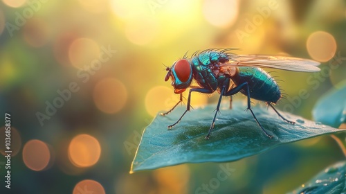 A close-up of a colorful fly perched on a green leaf with a blurred background.