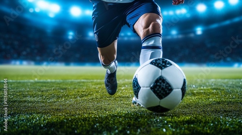 Dynamic soccer player sprinting and kicking ball in dramatic stadium during skill training session