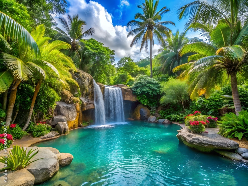 a waterfall is surrounded by tropical plants and trees. a waterfall is surrounded by tropical plants and trees.