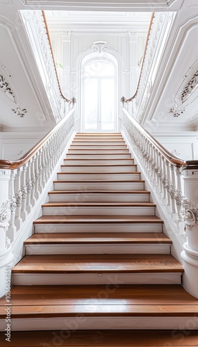 White Staircase Leading to a Window in a Grand Interior