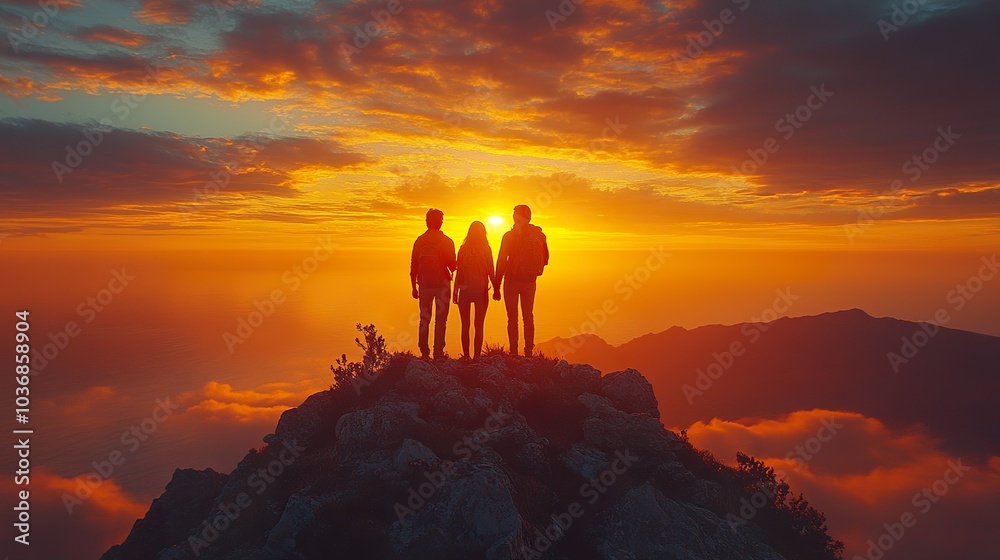 Couple Enjoying Romantic Sunset View from Mountain Peak Couple Enjoying Romantic Sunset View from Mountain Peak