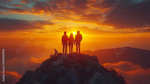 Couple Enjoying Romantic Sunset View from Mountain Peak