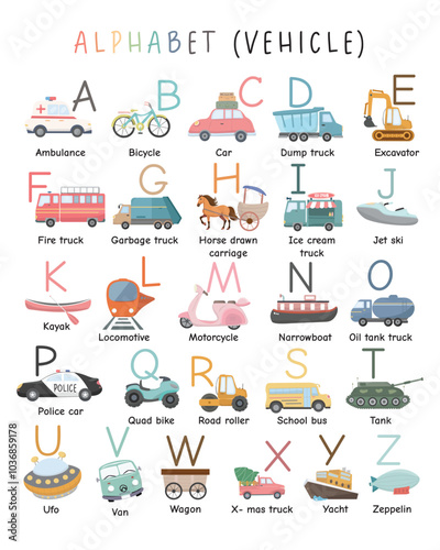 Vehicle Alphabet Poster for Preschool Children: Vector Illustration of Capital Letters with Cartoon Vehicle. Fun ABC Learning for Kids