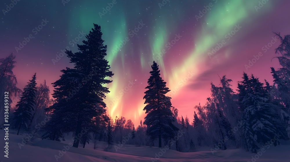 Aurora Borealis Over a Snow-Covered Forest Aurora Borealis Over a Snow-Covered Forest