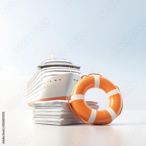 Travel insurance for cruises, ship with lifebuoy and documents, 3D illustration,