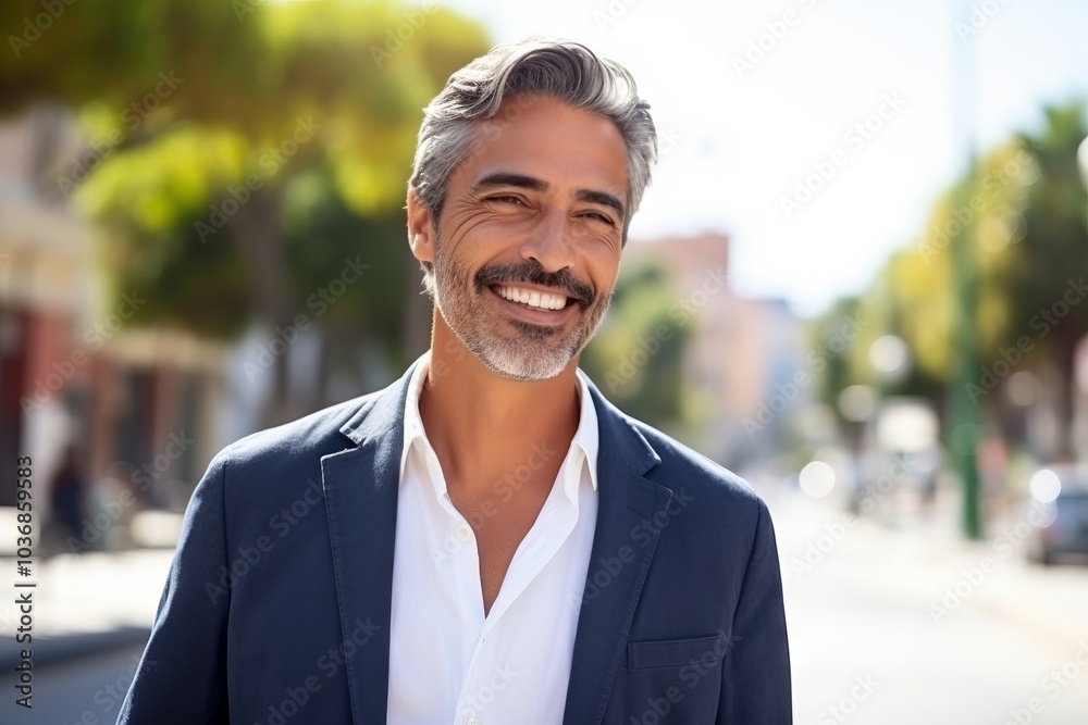 Portrait of a handsome middle-aged man smiling in the street Portrait of a handsome middle-aged man smiling in the street