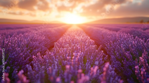 Aerial View of a Vibrant Lavender Field in Full Bloom, Captured by a Drone