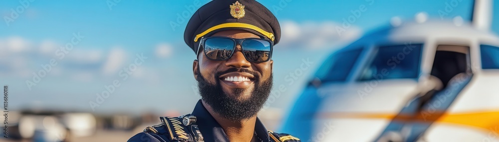 Confident pilot smiling in uniform beside an airplane, showcasing the joy of aviation and the spirit of adventure in the sky. Confident pilot smiling in uniform beside an airplane, showcasing the joy of aviation and the spirit of adventure in the sky.
