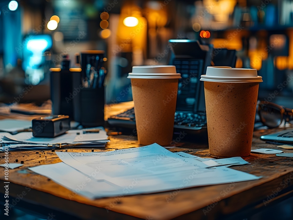 Two disposable coffee cups sit on a rustic wooden desk cluttered with documents and office supplies, creating a cozy, productive workspace atmosphere. Two disposable coffee cups sit on a rustic wooden desk cluttered with documents and office supplies, creating a cozy, productive workspace atmosphere.