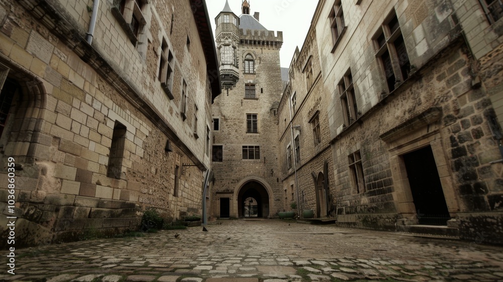 A historic castle courtyard, medieval architecture and cobblestone paths, Dramatic style A historic castle courtyard, medieval architecture and cobblestone paths, Dramatic style