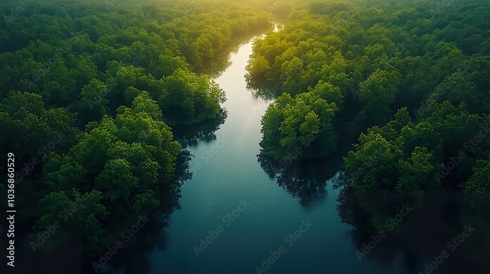 Aerial View of a Serpentine River Flowing Through a Lush Forest Canopy Aerial View of a Serpentine River Flowing Through a Lush Forest Canopy