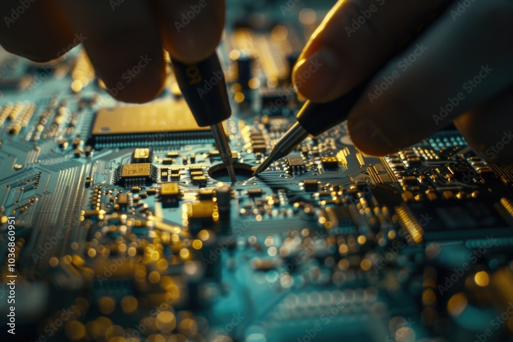 Close-up shot of someone working on a circuit board, focusing on details and precision Close-up shot of someone working on a circuit board, focusing on details and precision