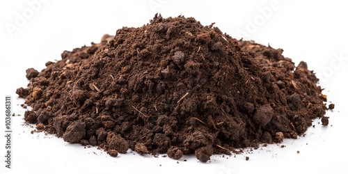 Macro Photography of Pile of Soil on White Background for Gardening, Agriculture, and Soil Quality Analysis – Top View Capturing Texture and Details in Soil Composition