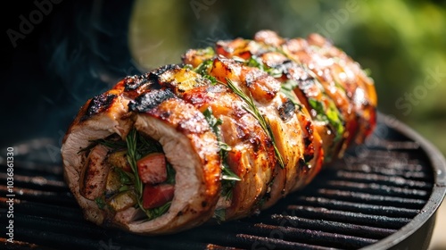 A grilled meat roll filled with vegetables, showcasing a delicious barbecue preparation.