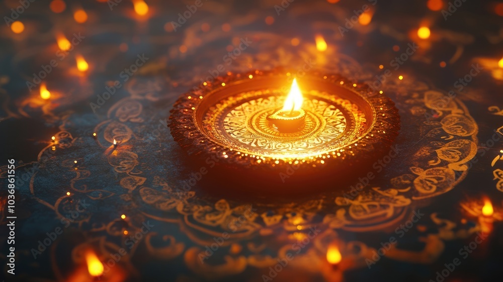 A large diya surrounded by intricate mandala patterns glowing softly in the background, creating a festive aura