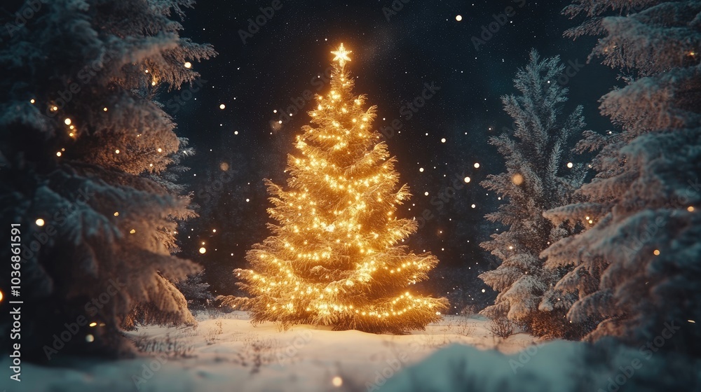 A large Christmas tree covered in glowing lights and surrounded by snow-covered trees under a starry sky A large Christmas tree covered in glowing lights and surrounded by snow-covered trees under a starry sky