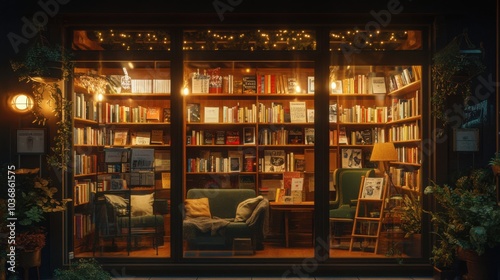 A cozy bookstore window showcasing a selection of books and literary-themed items