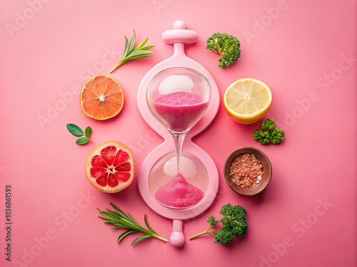 Menopause Awareness: Artistic Representation of Female Gender Symbol, Hourglass, and Pink Uterus in Flat Design for Health and Wellness Campaigns