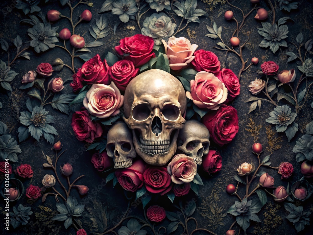Minimalist Photography of Skulls and Roses on Elegant Black Patterned Background for Dark Aesthetic Lovers Minimalist Photography of Skulls and Roses on Elegant Black Patterned Background for Dark Aesthetic Lovers