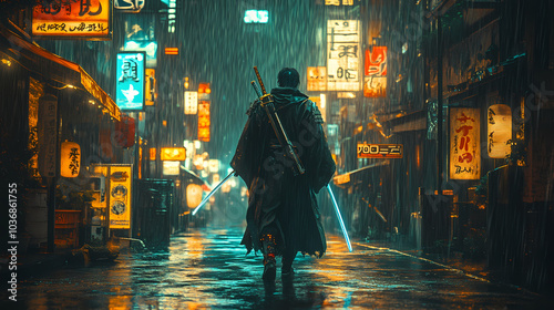 Futuristic Mecha Samurai Overlooking Neon City: Anime Art