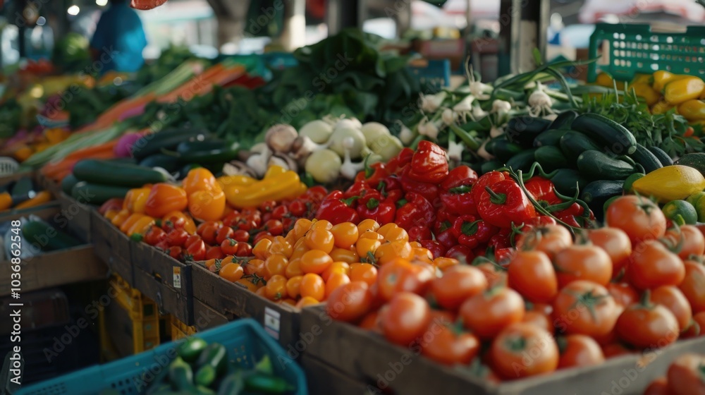 Colorful fruits and vegetables arranged on display, perfect for grocery store or farmer's market use Colorful fruits and vegetables arranged on display, perfect for grocery store or farmer's market use