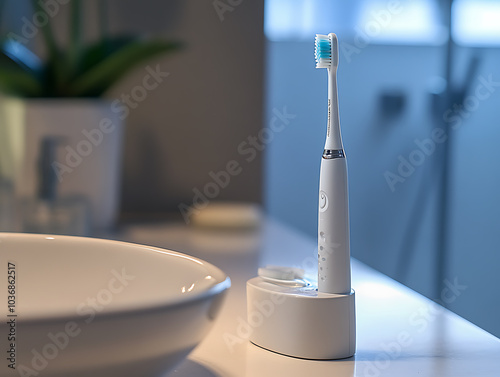 Electric toothbrush in the toilet counter photo