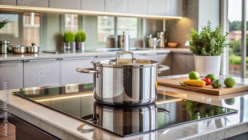 Shiny metal pot on sleek induction hob in modern kitchen, surrounded by minimalist countertops and stainless steel appliances, epitomizing contemporary cooking convenience. photo