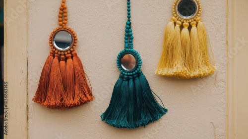 colorful red yellow orange hanging yarn thread tassels with beads and mirror cord, handmade craft, handmade hand craft diy ideas of multi-colored thread tassels for textile, fashion, clothes, decor photo