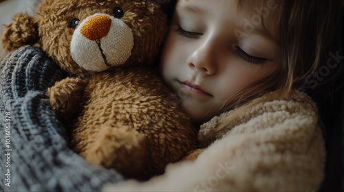 child with teddy bear. Cuddly teddy bear. Hugging teddy bear by a child, toddler 