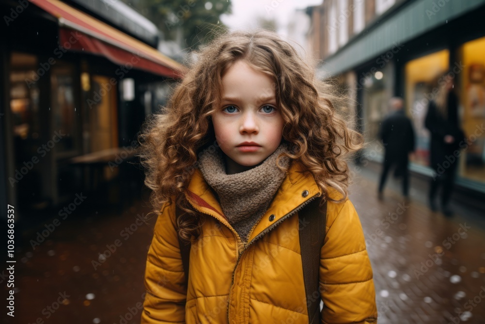 Portrait of a beautiful little girl with curly hair in a yellow jacket on the street. Portrait of a beautiful little girl with curly hair in a yellow jacket on the street.