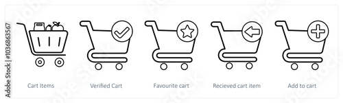 A set of 5 cart icons as cart items, verified cart, favorite cart
