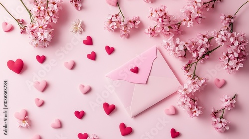 Romantic Valentine's Day arrangement with pink flowers, hearts, and a pastel envelope on a soft pink background