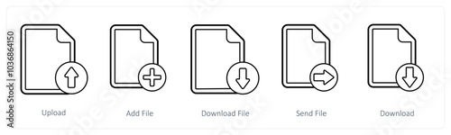 A set of 5 file icons as upload, add file, download file