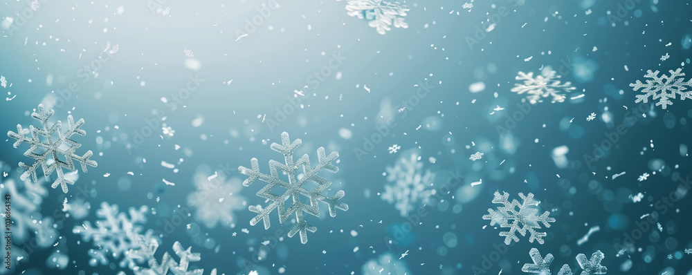 A light blue wallpaper with falling snowflakes, creating an atmosphere of winter and celebration for Christmas or New Year events A light blue wallpaper with falling snowflakes, creating an atmosphere of winter and celebration for Christmas or New Year events