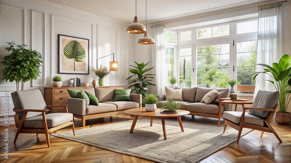 Elegant living room with comfortable sofa, mid century furniture, cozy carpet, wooden floor, white walls, and lush home plants, exuding modern Scandinavian home interior charm. Elegant living room with comfortable sofa, mid century furniture, cozy carpet, wooden floor, white walls, and lush home plants, exuding modern Scandinavian home interior charm.