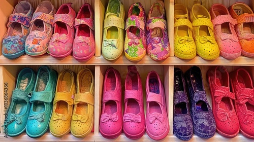 Colorful Collection of Children's Shoes Displayed on Shelves